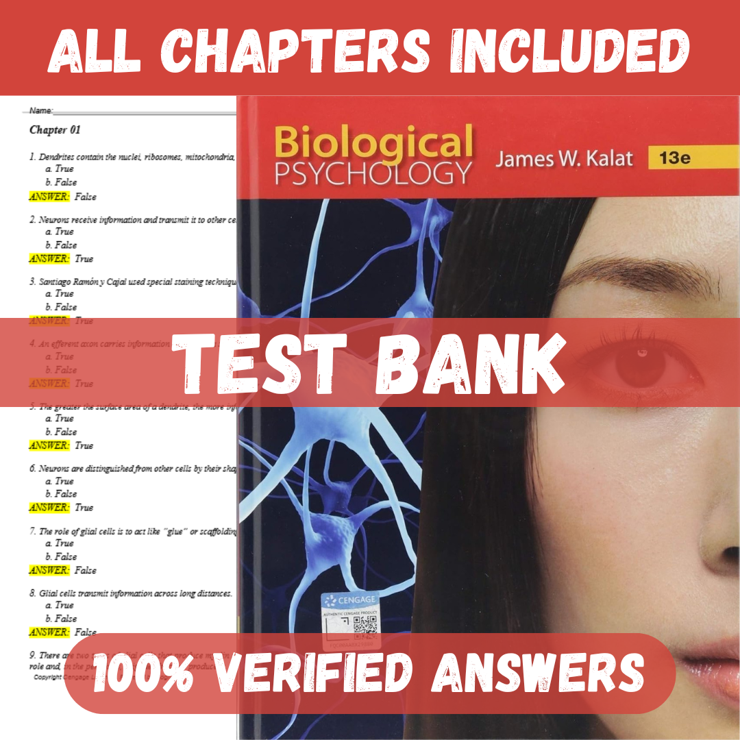Test Bank for Biological Psychology 13th Edition by James Kalat Test Bank for Biological Psychology 13th Edition by James Kalat