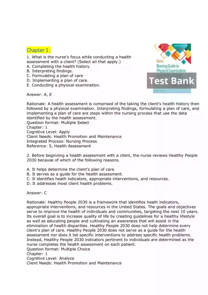 Bates’ Nursing Guide to Physical Examination and History Taking 3rd Edition Test Bank