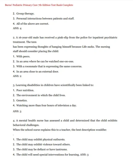 Burns Pediatric Primary Care 7th Edition Test Bank