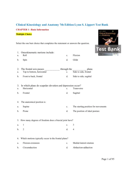 Clinical Kinesiology and Anatomy 7th Edition Lynn S. Lippert Test Bank Page1.webp 01