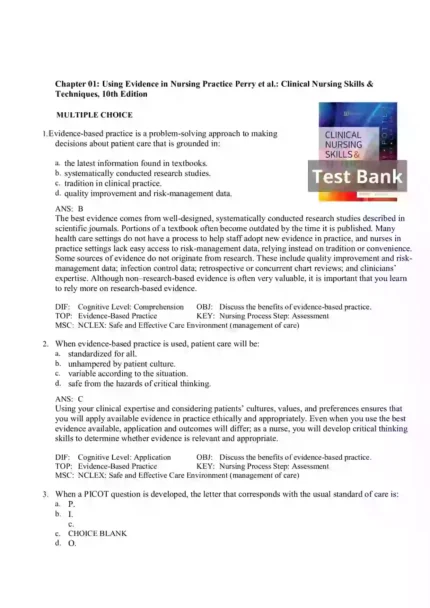 Clinical Nursing Skills and Techniques 10th Edition by Anne Griffin Perry Test Bank Page1