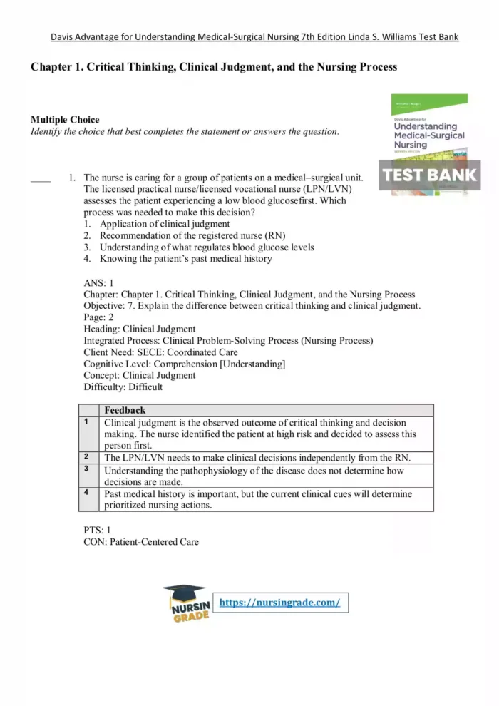 Davis Advantage for Understanding Medical Surgical Nursing 7th Edition Linda S. Williams Test Bank 1 2