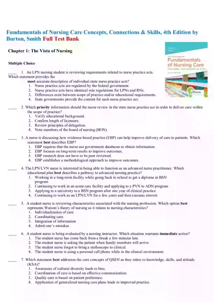 Fundamentals of Nursing Care Concepts Connections Skills 4th Edition by Burton Smith Test Bank 1