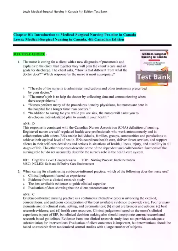 Lewis Medical Surgical Nursing in Canada 4th Edition Test Bank Page1