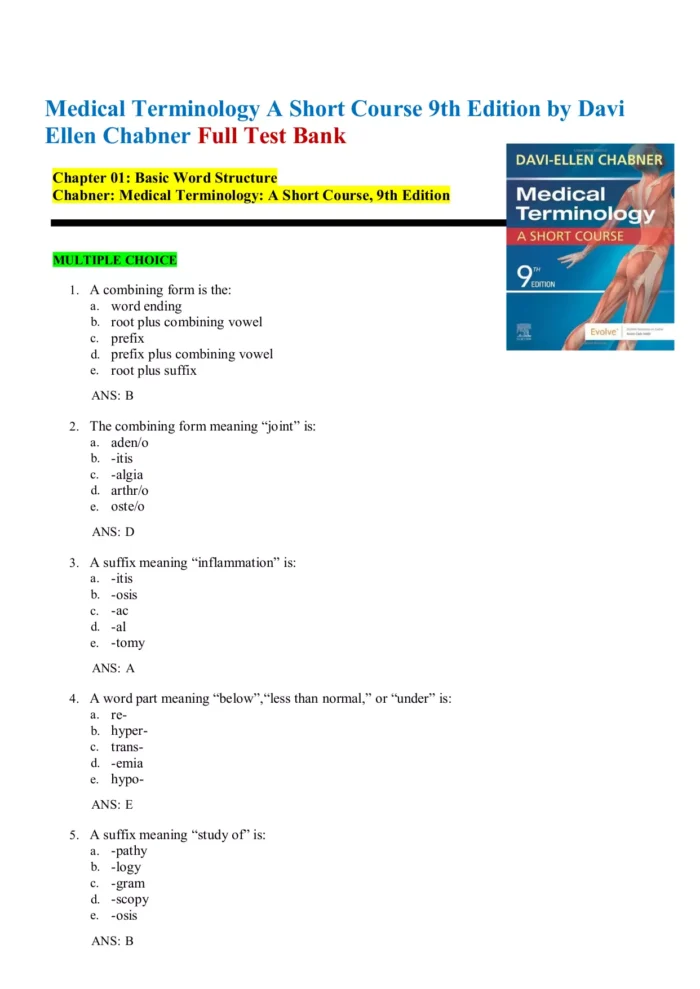 Medical Terminology A Short Course 9th Edition by Davi Ellen Chabner Test Bank