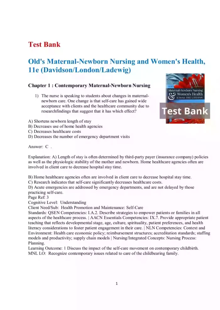Olds Maternal Newborn Nursing Womens Health Across the Lifespan 11th Edition Test Bank Page1