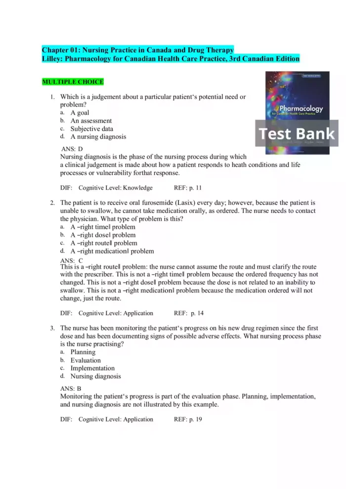 Pharmacology for Canadian Health Care Practice 3rd Edition Lilley Test Bank Page1