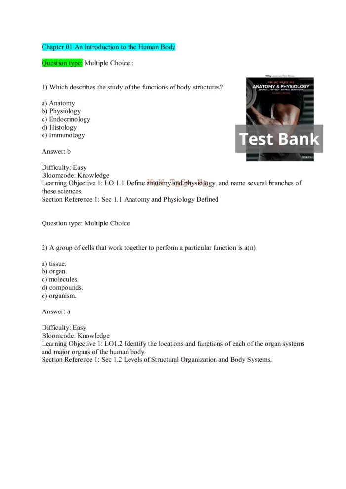 Principles of Anatomy and Physiology 16th Edition by Gerard J. Tortora Test Bank Page1