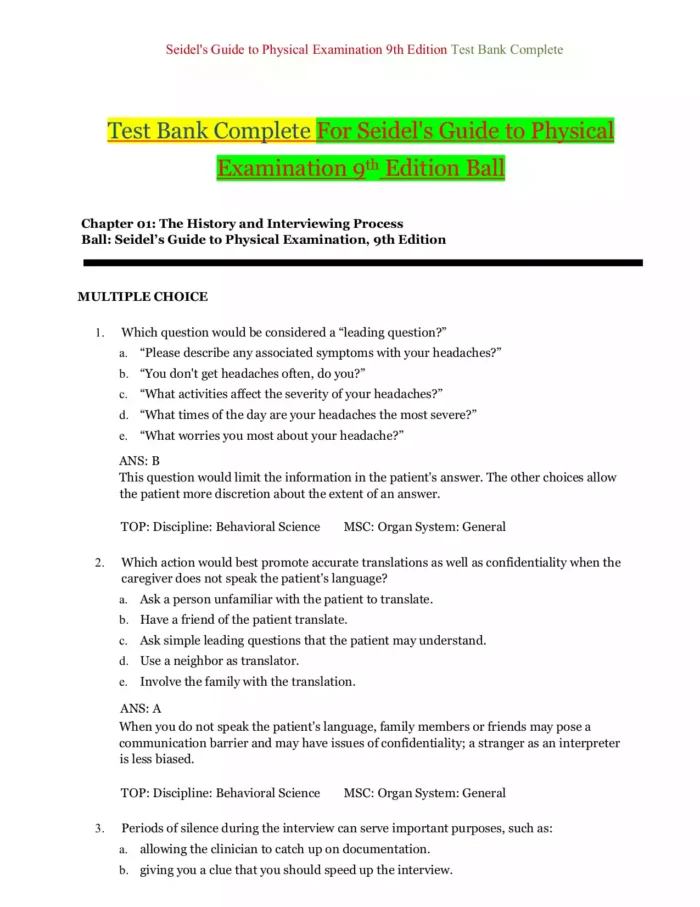 Seidels Guide to Physical Examination 9th Edition Ball Test Bank 1 2