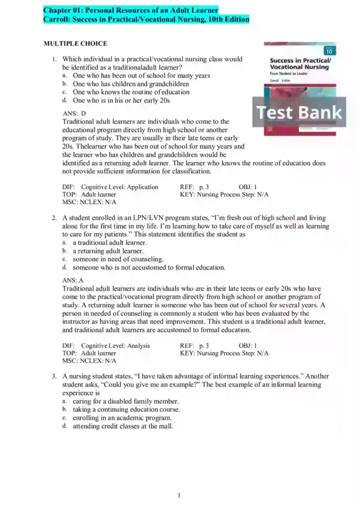 Success in Practical Vocational Nursing 10th Edition Carrol Collier Test Bank Page1