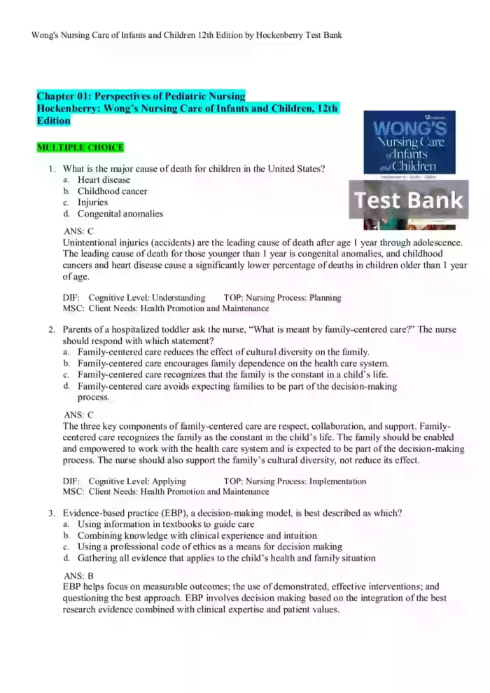 Wongs Nursing Care of Infants and Children 12th Edition by Hockenberry Test Bank Page1